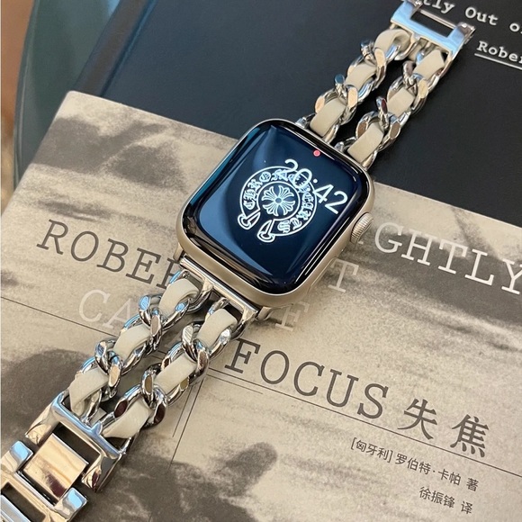 NEW Strap Silver White Chain Leather Stainless Band For Apple Watch - Picture 6 of 8